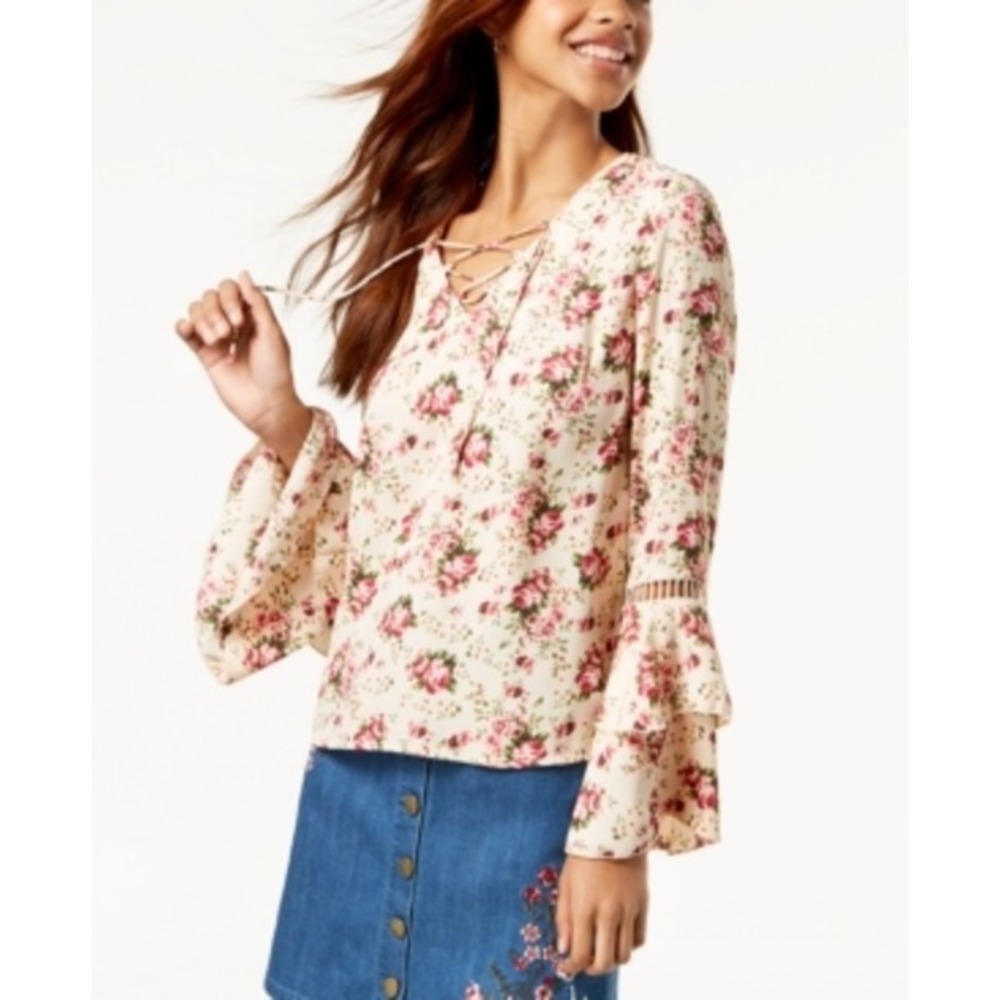 One Hart Juniors Ruffle-Sleeved Printed Top, Antique White, Size XL